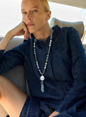 Mala Genuine Gemstone Lariat Tassel Necklace: Amazonite