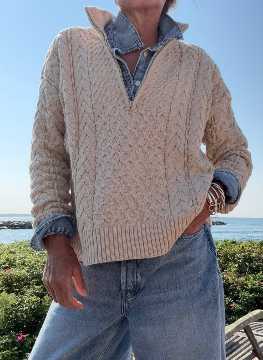 1/2 Zip Cable Sweater Tan