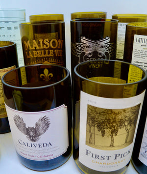 Upright wine vessels with labels
