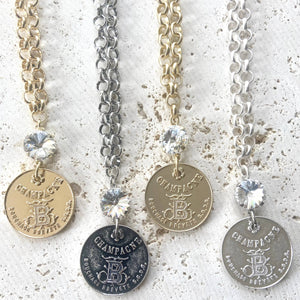 Champagne French coin necklace boutique salon jewelry: silver