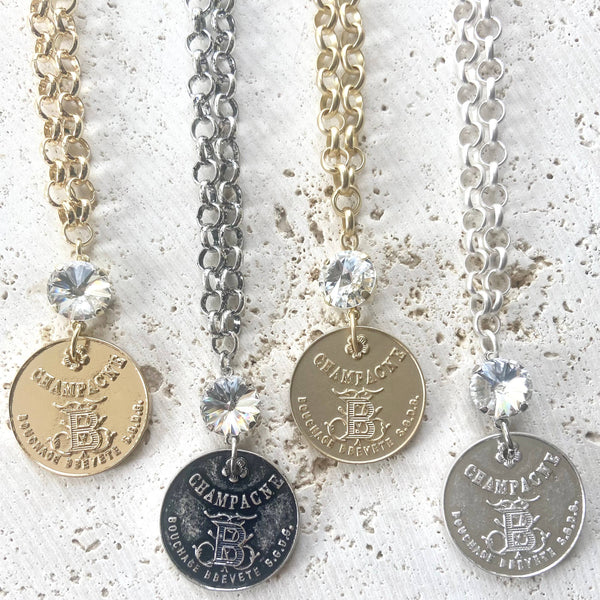 Champagne French coin necklace boutique salon jewelry: silver