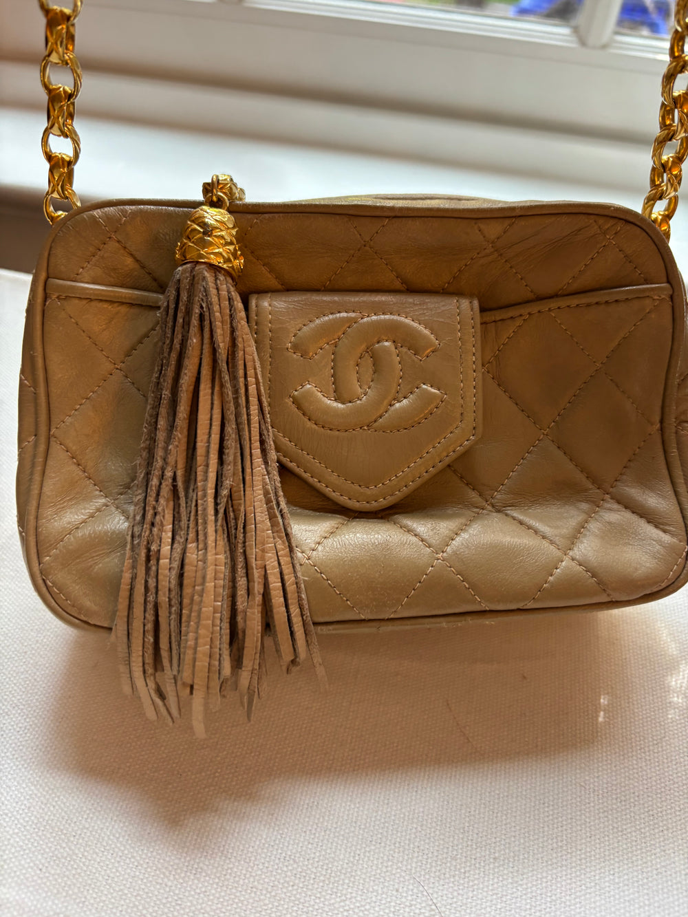 Chanel Vintage Small Tassel Camera Bag – Beige Quilted Lambskin with Gold Hardware