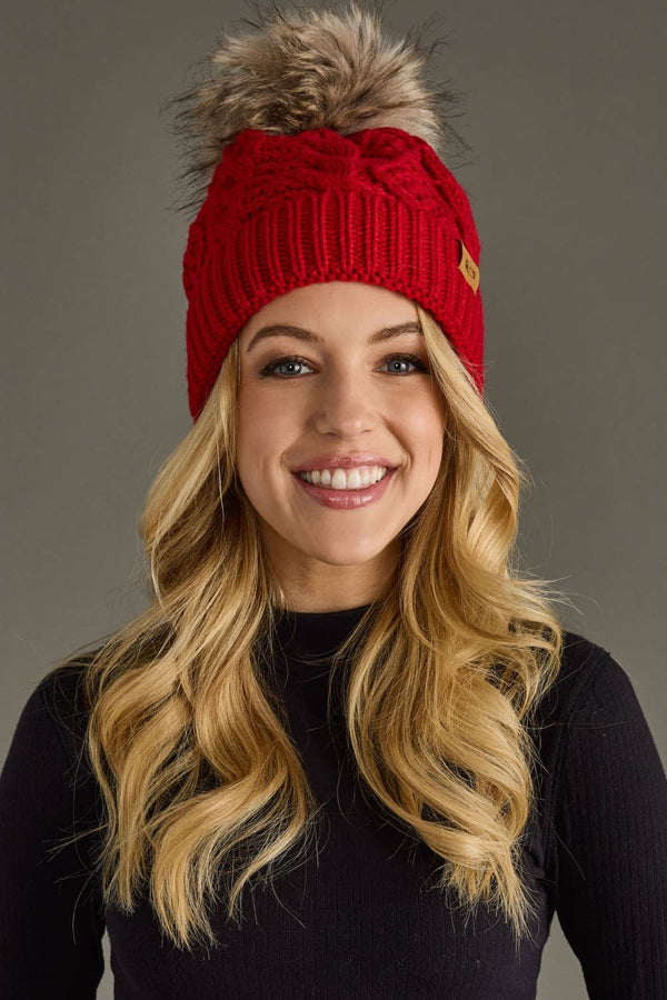 Red Cable Knit Pom Hat