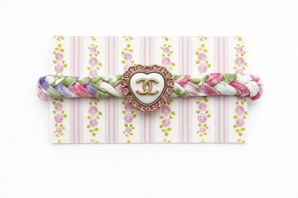 Upcycled Chanel Heart white with pink Button Pastel Garden Liberty Fabric Bracelet