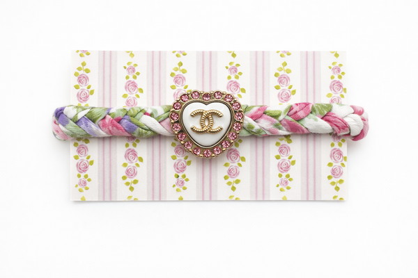 Upcycled Chanel Heart white with pink Button Pastel Garden Liberty Fabric Bracelet
