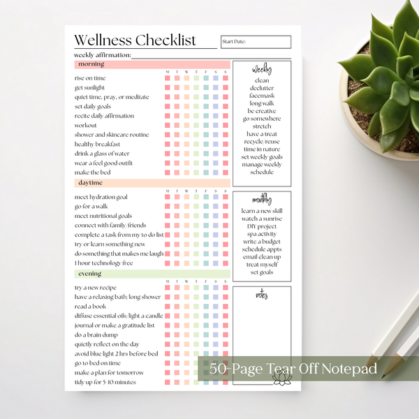 Wellness Weekly Self-Care Planner: 50 Page Tear-Off Notepad