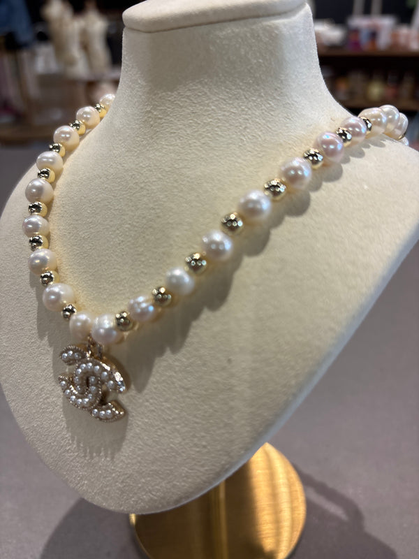 Chanel upcycled stretch  pearl with pearl cc gold hardware