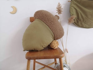 Green Acorn-shaped pillow | Woodland plush pillow: Olive green