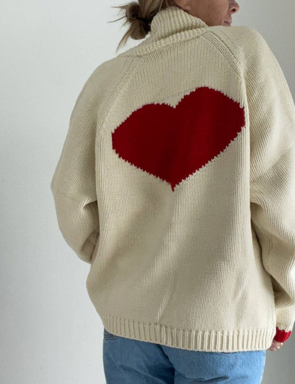 Varsity Chunky Heart Cardigan in Ivory/Red. M/L