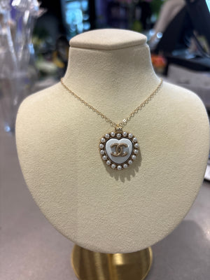 Up cycled Chanel pearl white heart with gold CC