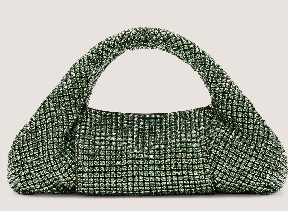 Stuart Weitzman, Crystal Moda shine bag in light green.