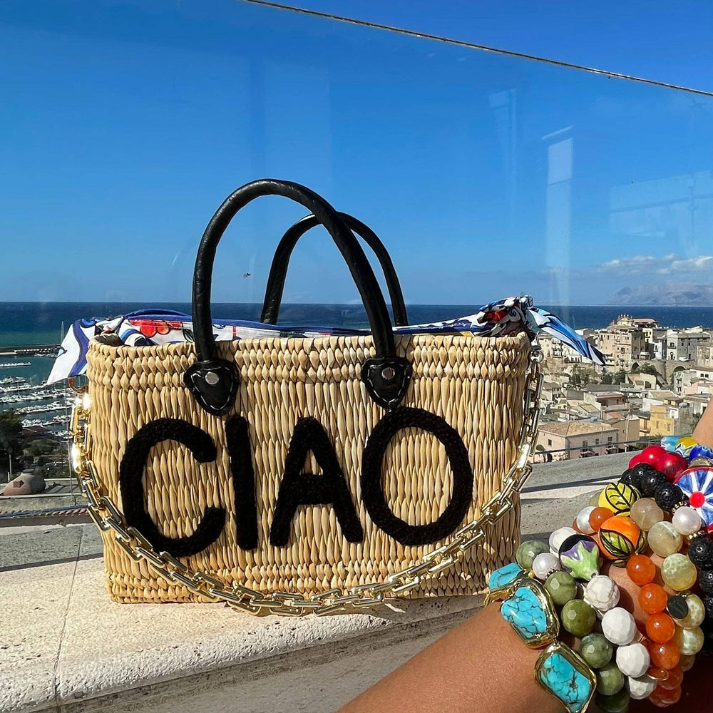 CIAO Black Leather Handle Reed Bag