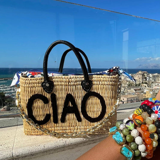 CIAO Black Leather Handle Reed Bag