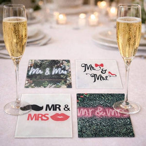 The Tray Girl Glass Coaster Set of 4 -New Yorker and Mr & Mrs - Choose your style