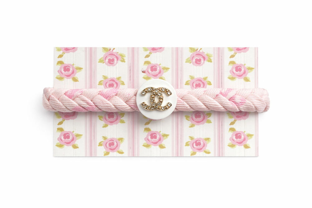 Upcycled Chanel White/gold Button Blush Rose Liberty Fabric Bracelet