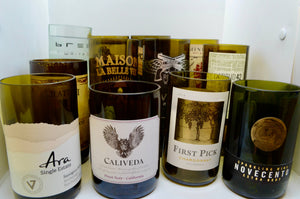 Upright wine vessels with labels