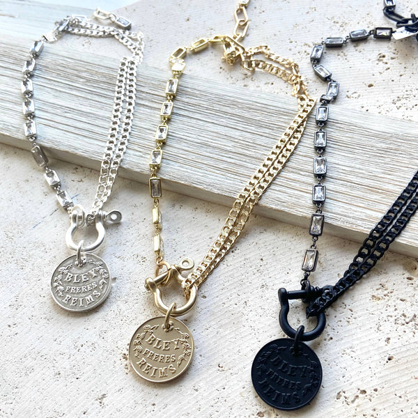 Edgy glam French champagne coin shackle necklace : Matte black
