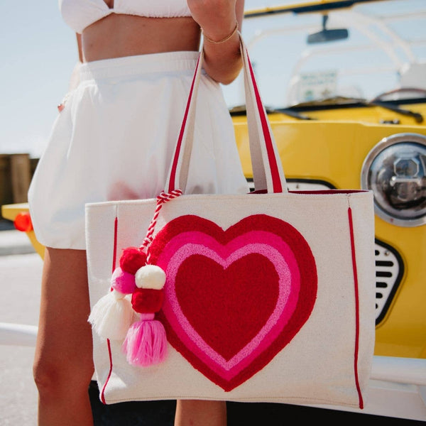 Beating Heart Chenille Beach Bag Tote: Beige Canvas