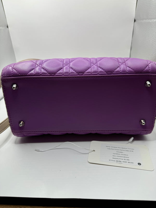 Dior Lady Dior Tri-colour Genuine Python side purple/pink/cream with SHW
