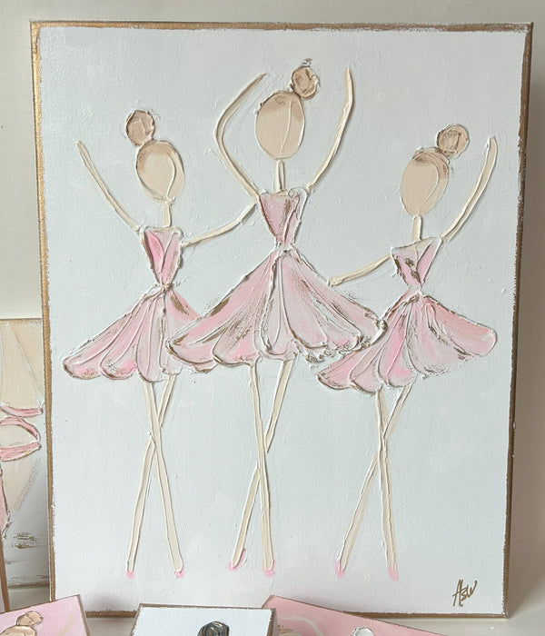 Ballerina Trio | canvas art recital dance ballet nutcracker: White back & pink dress / 16x20-inch standard profile canvas / Light skin & lt. brown hair