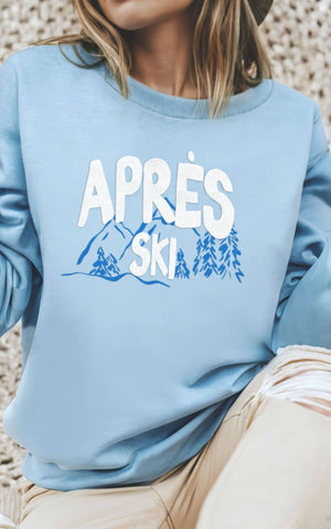 Apres Ski Puff Sweatshirt, Winter Crewneck - Medium sized - light blue, light pink, ash grey