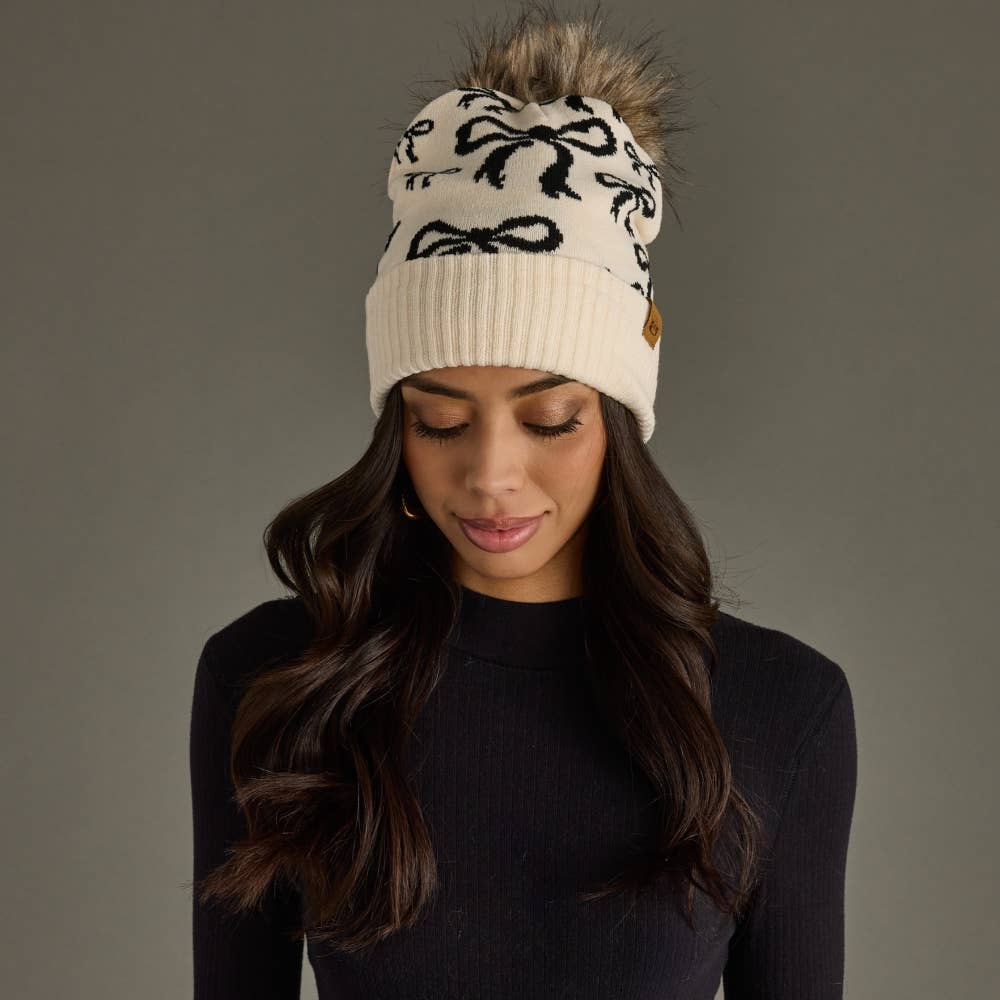 Beige & Black Bow Pom Hat
