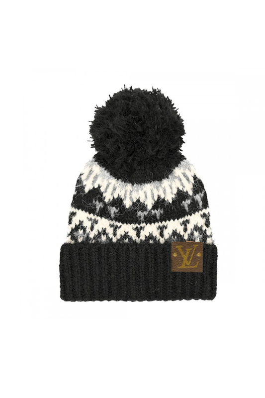 Upcycled Wool Blend Geometric Beanie: Black with Authentic Louis Vuitton patch
