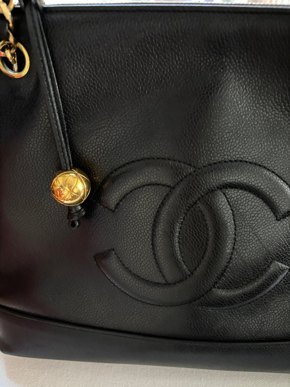 Chanel Vintage CC Ball Charm Shoulder Tote in Black Caviar with 24k Gold Hardware