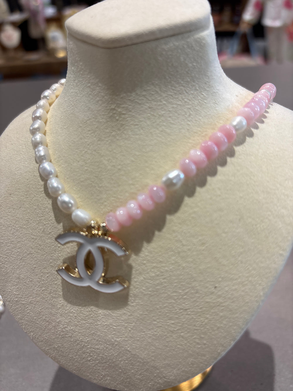 Chanel up cycled pearl and pink bead candy necklace with white CC