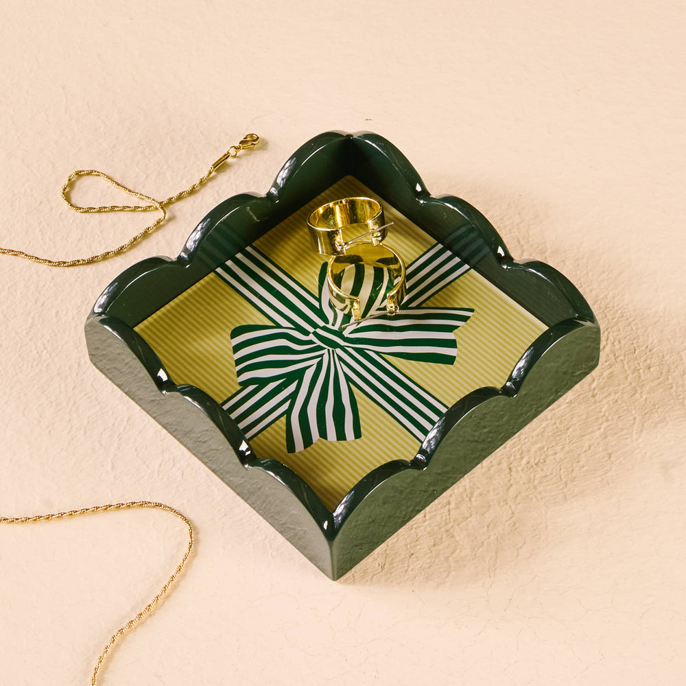Scallop Trinket Tray-Holiday Gift Bow Green