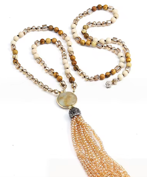 Mala Genuine Gemstone Lariat Tassel Necklace: Amazonite