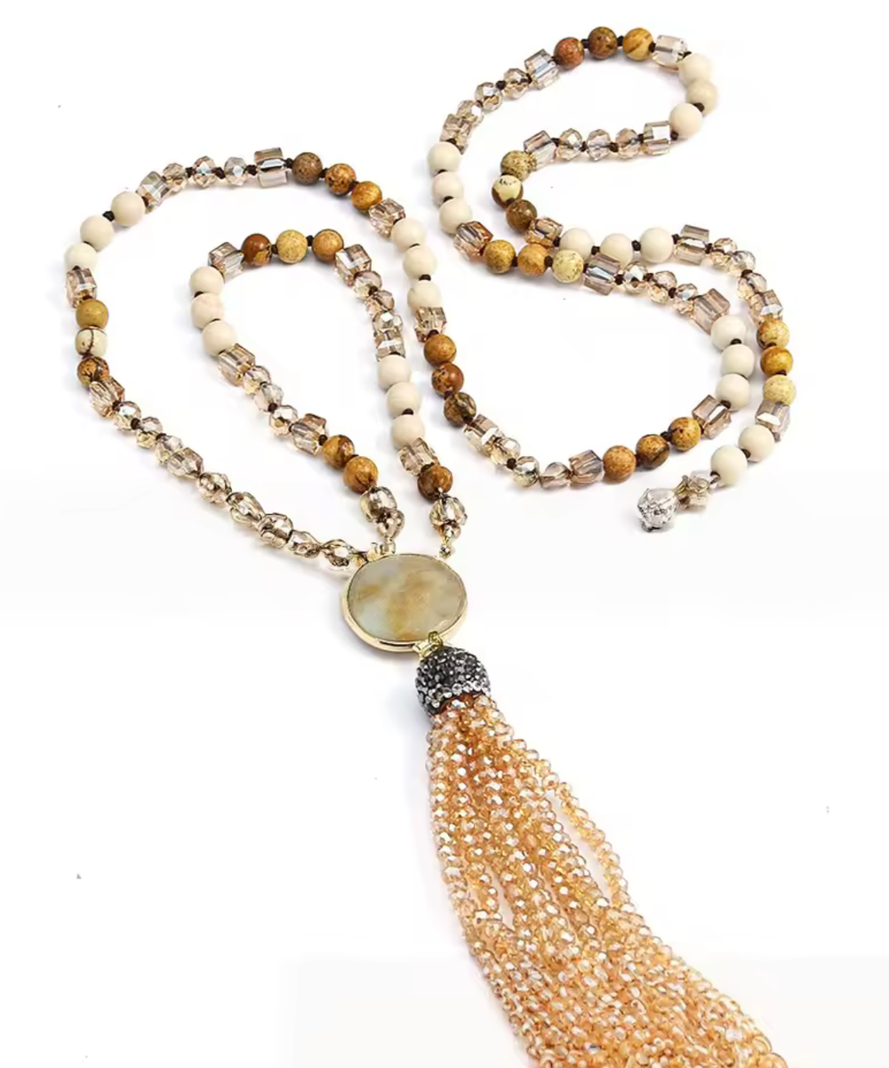 Mala Genuine Gemstone Lariat Tassel Necklace: Jasper
