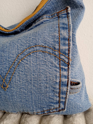 Upcycled Denim Clutch with White Tassel
