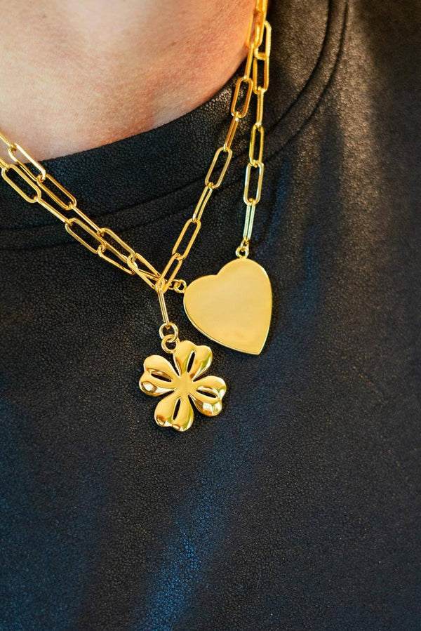 Gold Shamrock Charm Necklace with Paper Clip Chain - 18k Gold Plated - WS