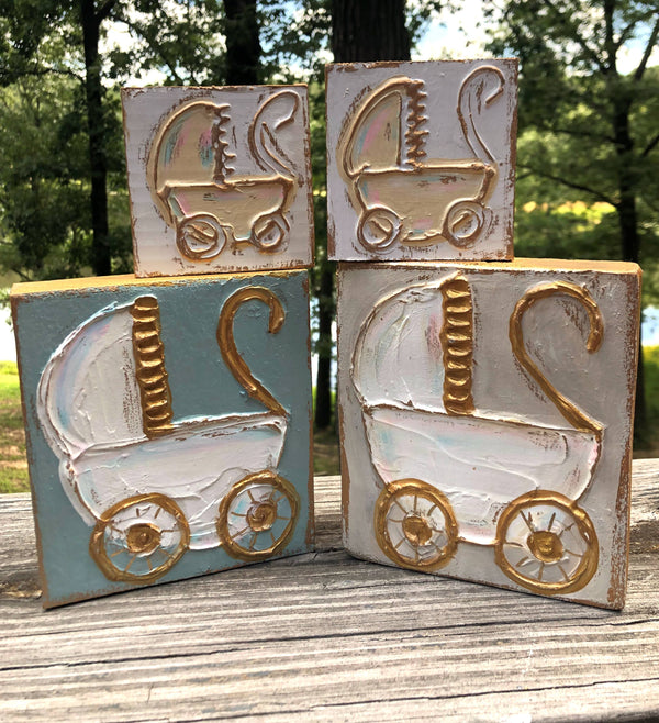 Baby Carriage handmade textured wood block: VARIETY PACK: cream or blue (6x6)