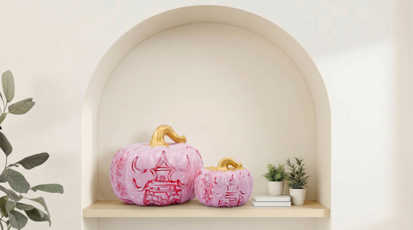 Pink Chinoiserie Pumpkin Duo, Hand-Painted Large & Medium : Small