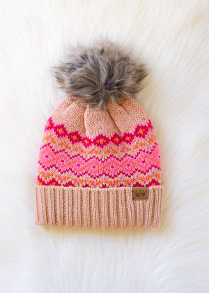 Blush, Pink & Orange Patterned Pom Hat