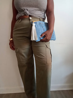 Upcycled Denim Clutch with White Tassel