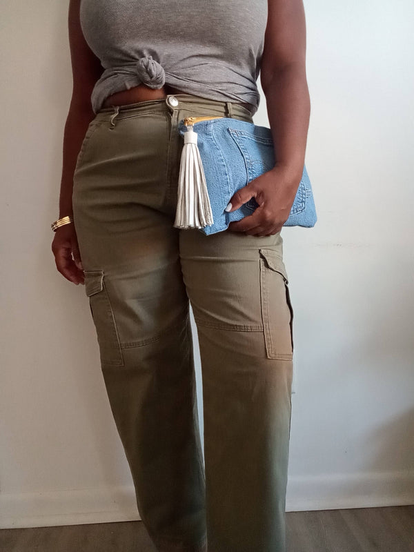 Upcycled Denim Clutch with White Tassel