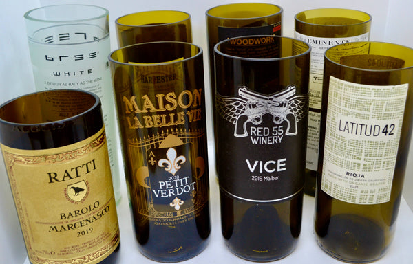 Upright wine vessels with labels