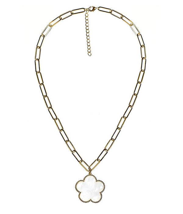 Clover  - Gold & Pearl Paperclip Charm Necklace - 18k Gold Plated - WS