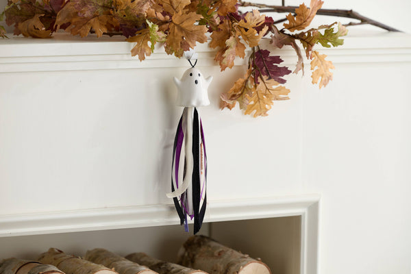 Seasonal Ceramic Ornament with Decorative Ribbon Streamer: Pumpkin