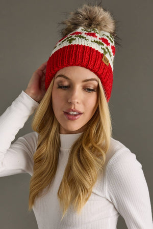 Ivory & Red Holly Patterned Pom Hat
