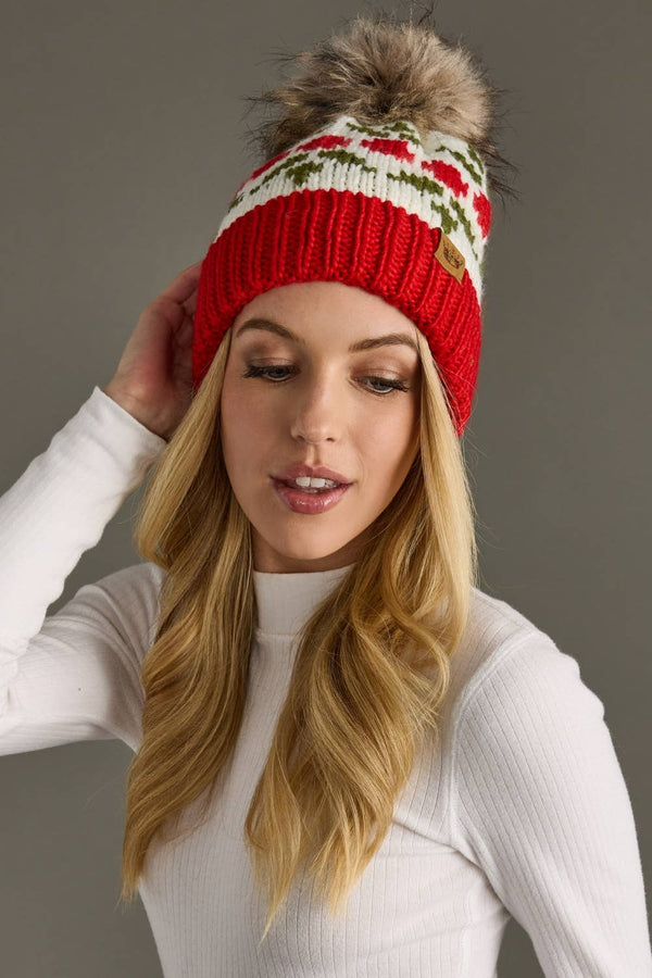 Ivory & Red Holly Patterned Pom Hat