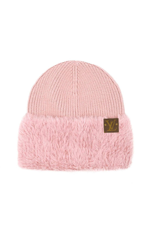 Faux Fur Pink Beanie Upcycled Louis Vuitton Authentic Patch