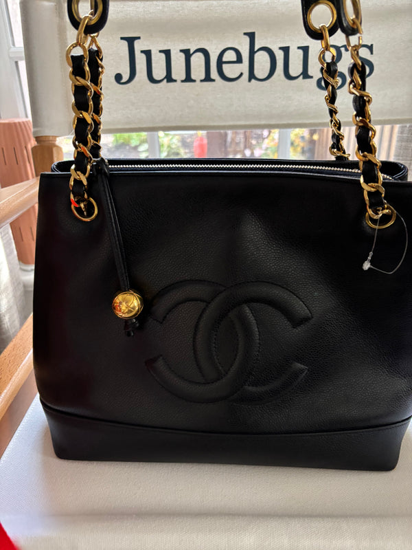 Chanel Vintage CC Ball Charm Shoulder Tote in Black Caviar with 24k Gold Hardware