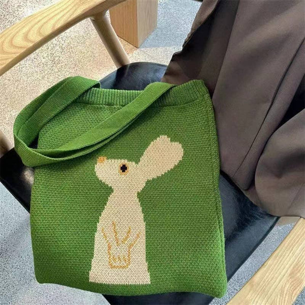 Crocheted Bunny Tote Bag - Cute and Casual Fashion Accessory: GREEN