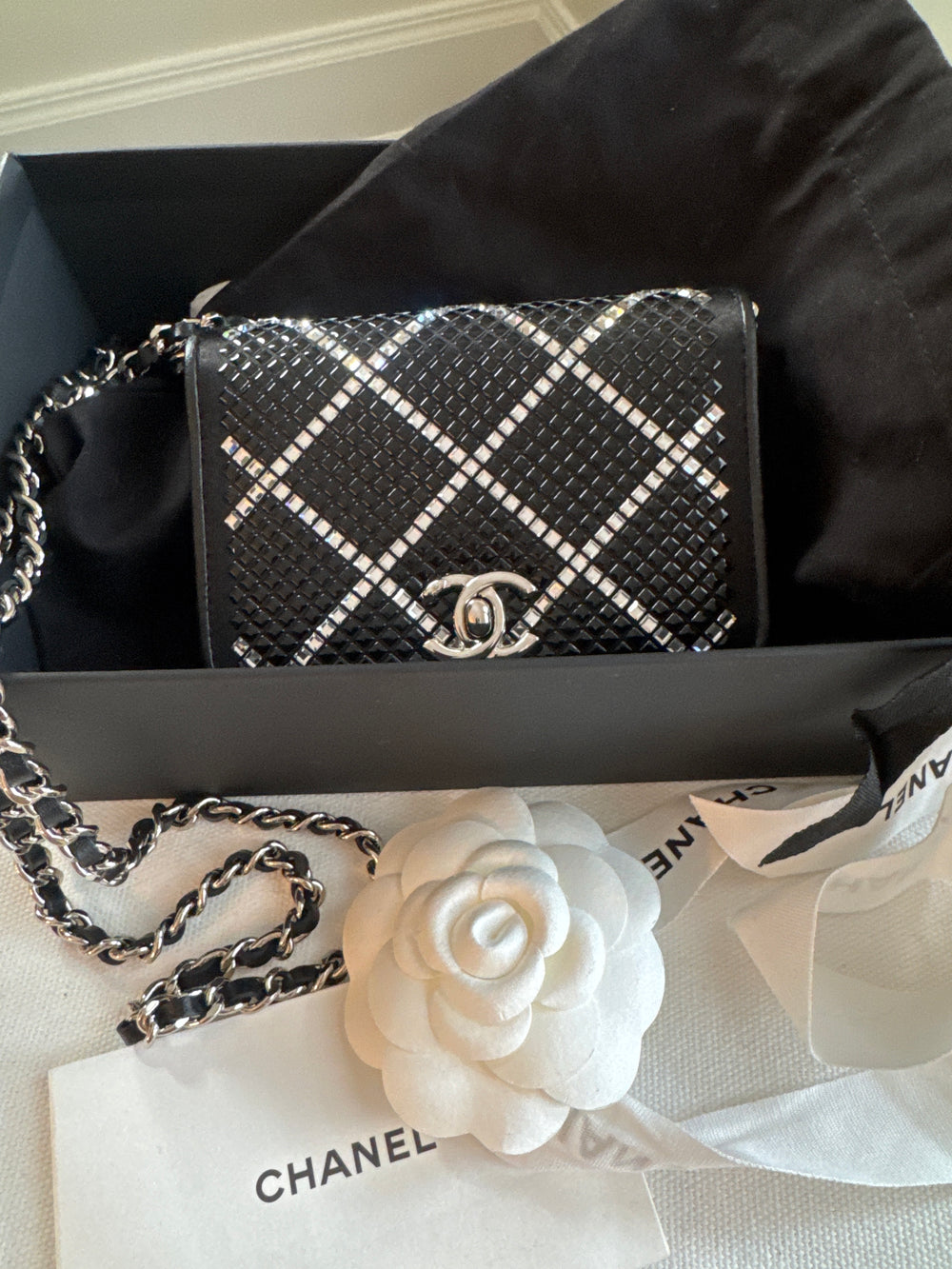 Chanel Matelasse Crystal & Strass Wallet on Chain Black