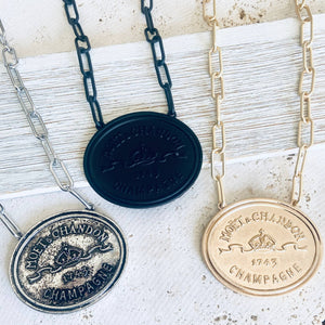 French coin, champagne label statement necklace: Burnished silver
