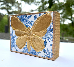 Chinoiserie Art Blocks |  botanicals blue white bridal tea: 4x5 butterfly